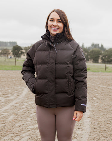 Talia equestrian riding jacket insulated puffer, front view | Brown