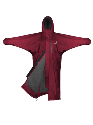 EQUIDRY women's long waterproof horse riding coat in plum/charcoal