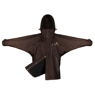 Shortie Child's Oversized Short Waterproof blouson style Riding Jacket Thin Fleece Lining Stowaway Hood in rich brown