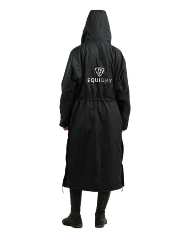 EQUIDRY women's thin fleece long waterproof horse riding coat in black/black hood up back studio